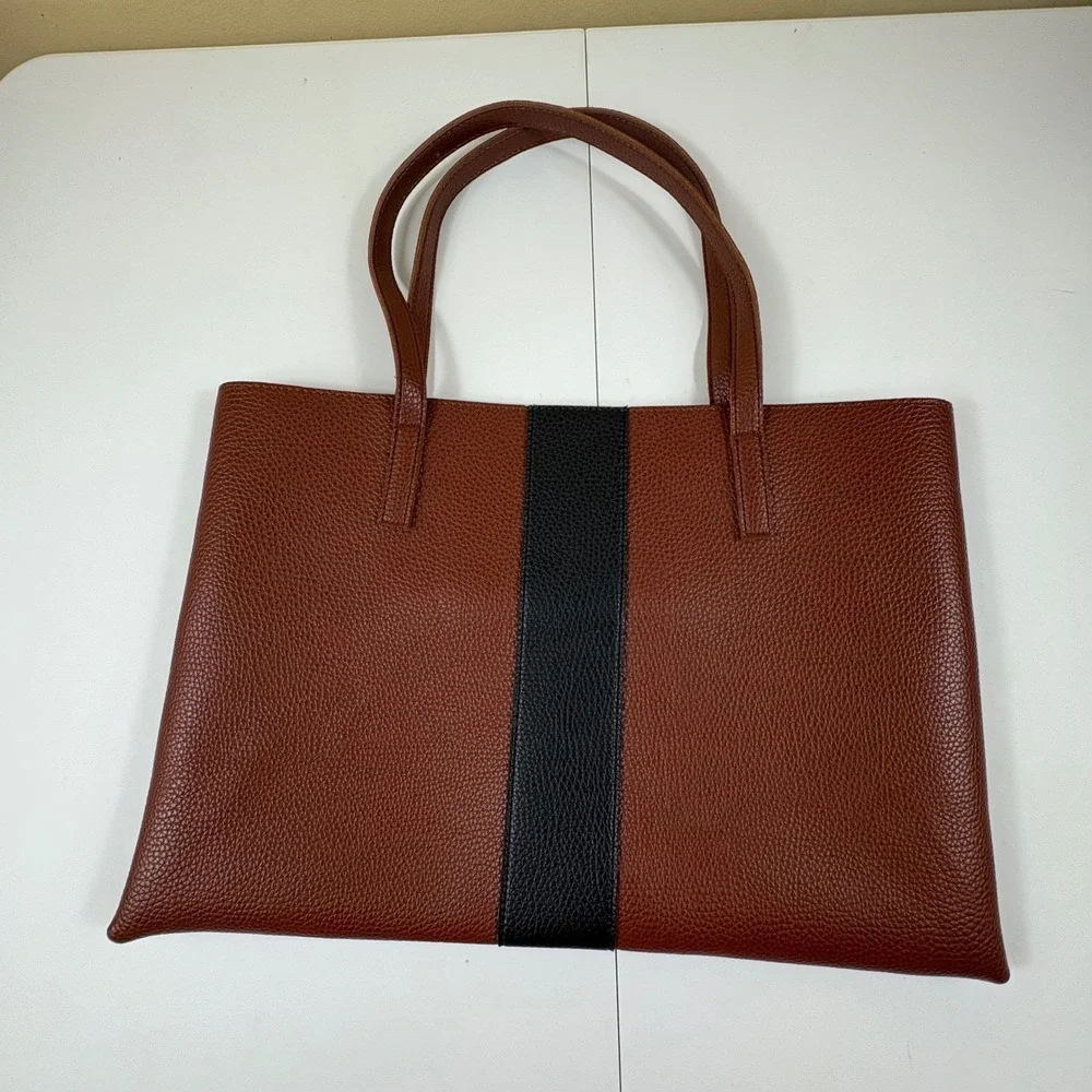 Vince Camuto Brown‎ Pebbled Leather Tote Bag Black Stripe Work Bag